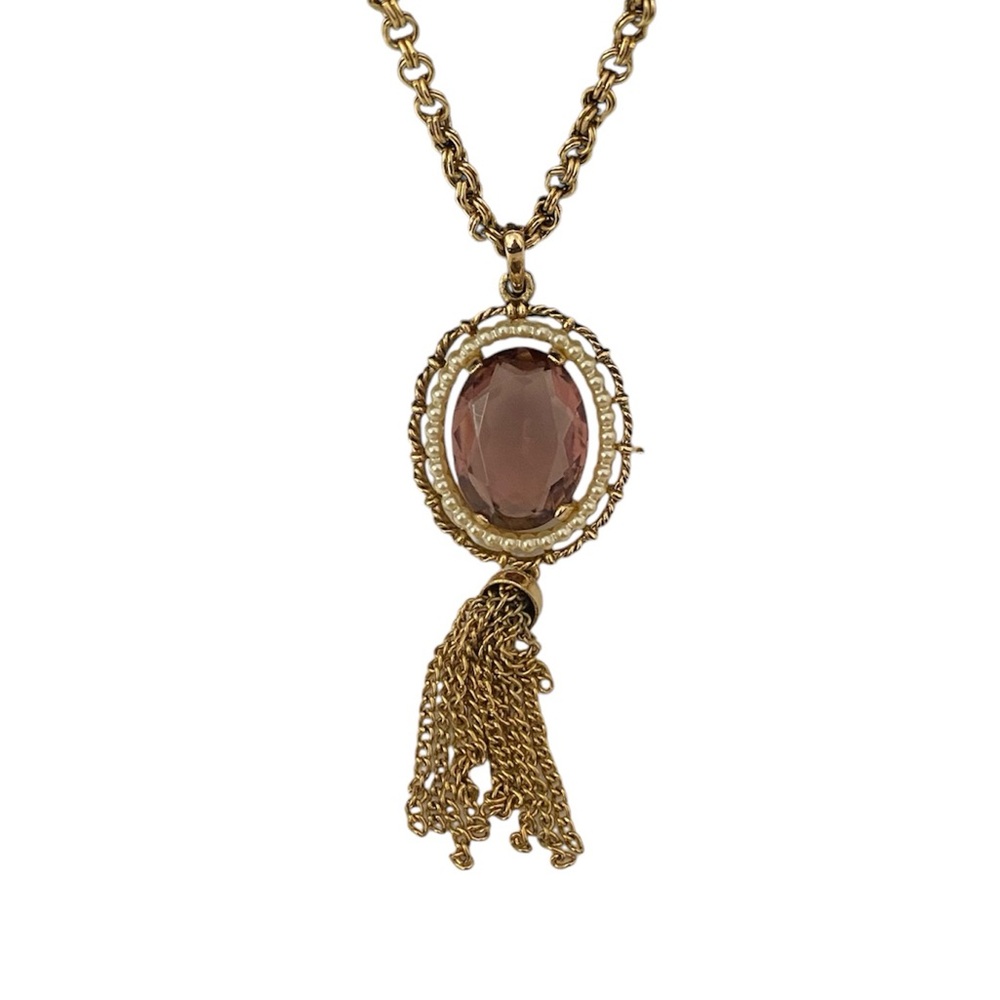 Vintage 1972 AVON Signed Amethyst Glass Faux Pearl Pendant Tassel Necklace 28”